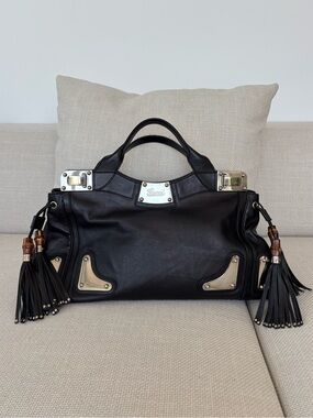 Gucci Race Indy Black Leather Bamboo Tassel Handbag